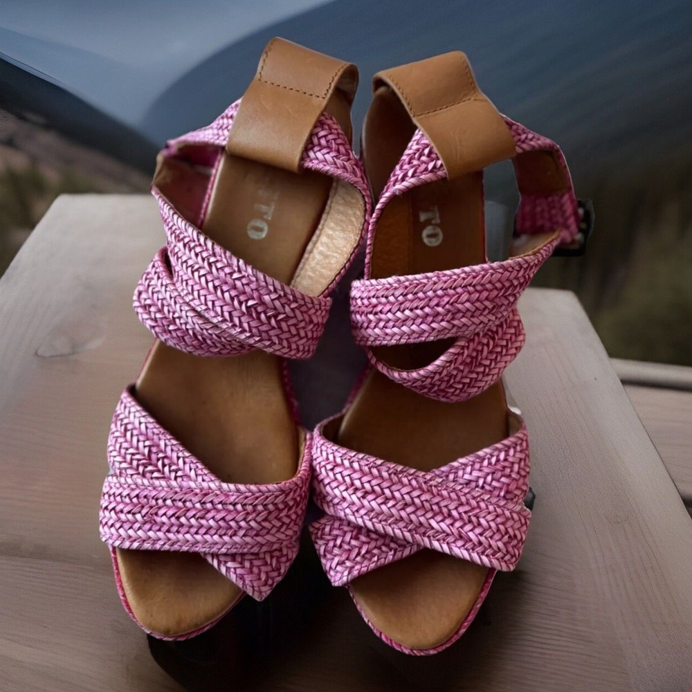 womens 8.5 sesto espadrille‎ wedge sandals woven straw strappy pink